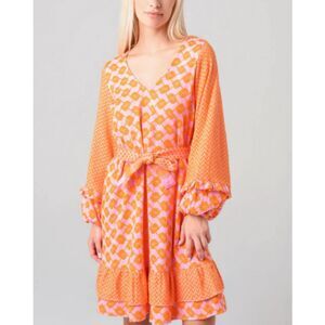 Cecilie Copenhagen Liv Dress Women’s Size Medium Orange V Neck Balloon Sleeve